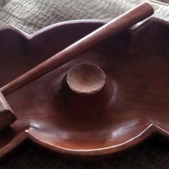 Vintage MCM Solid Mahogany Abstract Nut Bowl & Hammer Set - Hand Made In Haiti - Picture 1 of 6